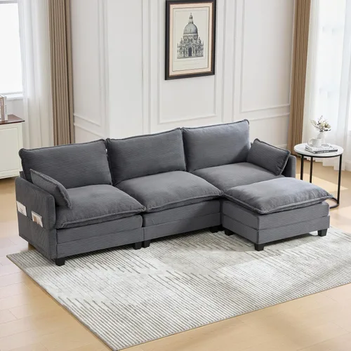 Vista 15 de Sofá seccional en forma de U de gran tamaño con asiento profundo de pana con marco de madera maciza, sofá modular cómodo moderno con reposabrazos