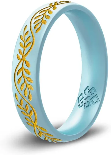 Vista 6 de Knot Theory Anillo de silicona de filigrana y hoja de laurel con incrustaciones de oro, anillo de boda de silicona grabado, para actividades