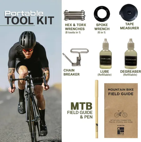 Vista 2 de Fix Manufacturing Kit de reparación de bicicleta de montaña portátil Con 16 herramientas esenciales Rompacadenas MTB, lubricante recargable