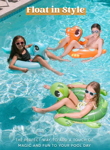 Vista 2 de SLOOSH Paquete de 3 flotadores inflables para piscina, dinosaurio, tortuga marina y delfín, anillos de natación para niños pequeños, piscina playa
