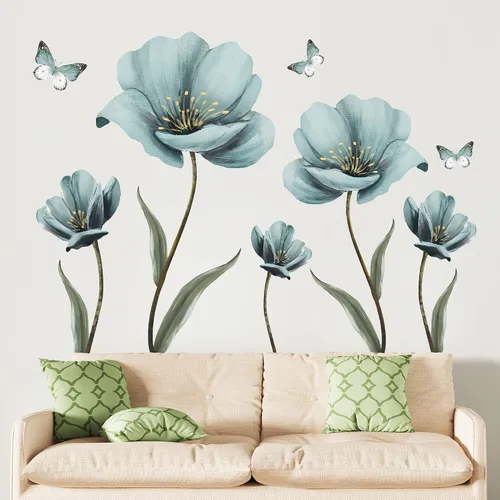 Vista 2 de Calcomanías de pared de flores azules de ensueño creativas pintadas con mariposas para pared, pintura romántica, decoración artística, vinilo