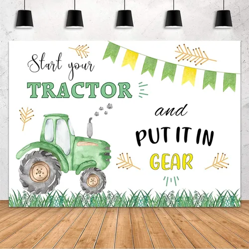 Vista 7 de MEHOFOND Decoraciones de fondo de tractor verde de 7 x 5 pies para niños, granja, suministros de fiesta de cumpleaños, pancarta para ponerlo