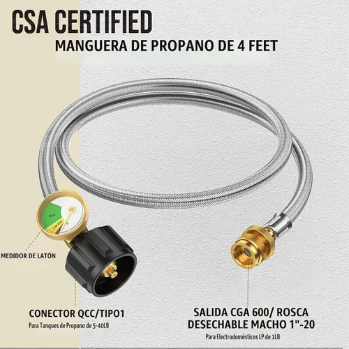 Vista 2 de Manguera adaptadora de propano de 4 pies, convertidor de 1 lb a 20 lb con medidor para tanque QCC1 conecta un aparato portátil de 1 lb a tanque