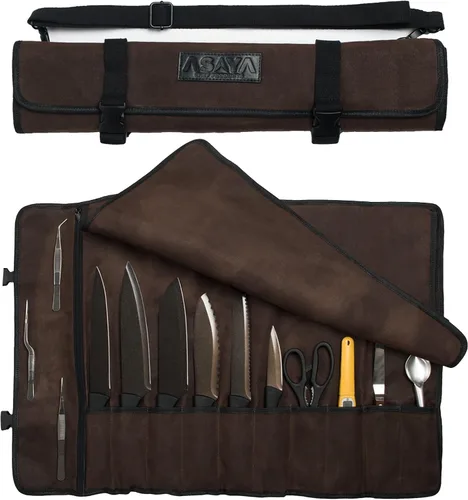 Vista 10 de Asaya - Bolsa enrollable de lona para cuchillos de chef - 10 ranuras para cuchillos y un gran bolsillo con cremallera - Funda duradera de lona