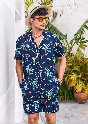 Vista 2 de COOFANDY Enterizo de una pieza para hombre, manga corta, camisa floral hawaiana, con cremallera, pantalones cortos, casual, playa, con bolsillos