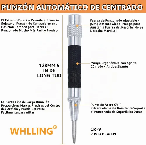 Vista 3 de Punzón central automático de 2 piezas, perforador central con resorte de 5 pulgadas con herramienta de perforación ajustable para metal, madera
