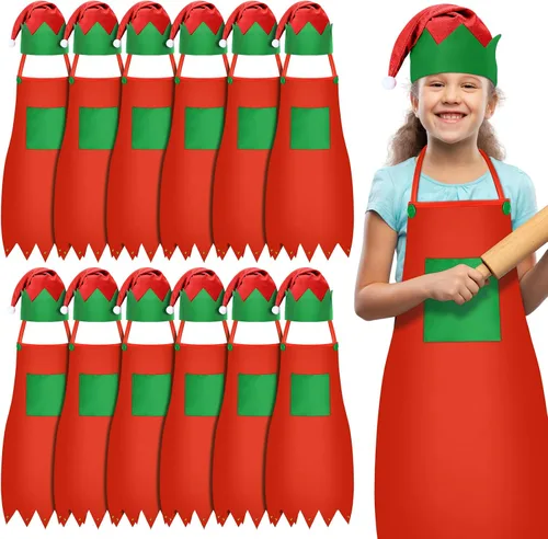 Vista 9 de Handepo - Conjunto de delantal y gorro de elfo navideño para niños, sombreros de Papá Noel para niños, suministros de fiesta navideña para niños