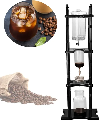 Vista 2 de Cafetera de goteo de hielo, 84.54 onzas, cafetera retro para el hogar, con recipiente de vidrio vertical japonés y soporte de madera, cafetera
