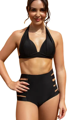 Vista 17 de SPORLIKE - Traje de baño de cintura alta para mujer, bikini de dos piezas con control de abdomen y parte superior triangular