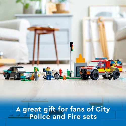 Vista 6 de LEGO City Fire Rescue & Police Chase - Juego de construcción de bomberos y policía para niños, con 3 minifiguras, camión de emergencia, patrulla