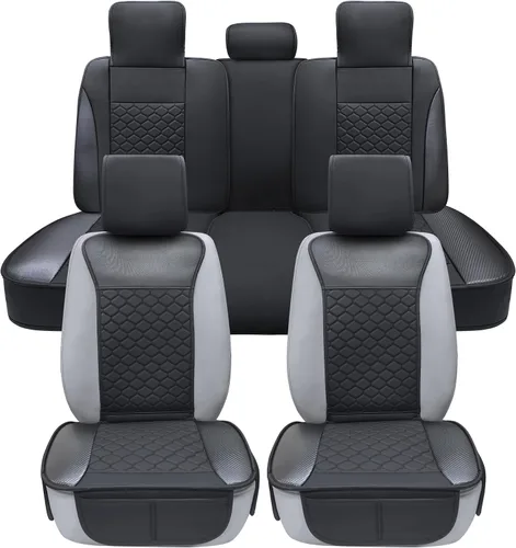 Vista 18 de Elantrip Leather Car Seat Covers Front 2PC Waterproof Universal Fit Beige Elegante piel sintética acolchada con diamantes beige, impermeable, suave