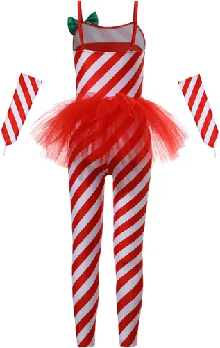 Vista 4 de Venjoe Disfraz de bailarina de caramelo de Navidad para niñas, diseño de rayas con volantes y falda