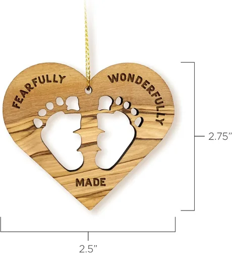 Vista 2 de Babys First Christmas Ornament – Fearfully & Wonderfully Made, adornos de madera de olivo de Tierra Santa, adorno de huella de bebé, adornos