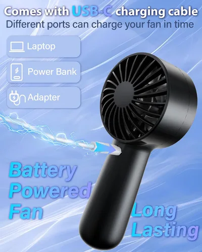 Vista 5 de Ventilador de mano portátil, pequeño ventilador de mano turbo personal, potente, refrescante, cordón, recargable por USB, 5 velocidades, maquillaje