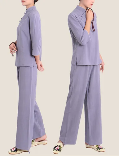 Vista 4 de Conjuntos de estilo chino tradicional para mujer, manga larga, con botones de rana, 2 piezas