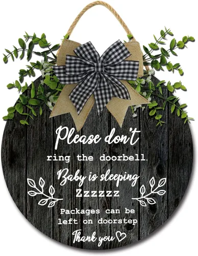 Vista 6 de Letrero de sueño de bebé para puerta delantera, de 11 pulgadas, con texto en inglés «Please Don't Ring The Doorbell Baby Is Sleeping Packages Can Be