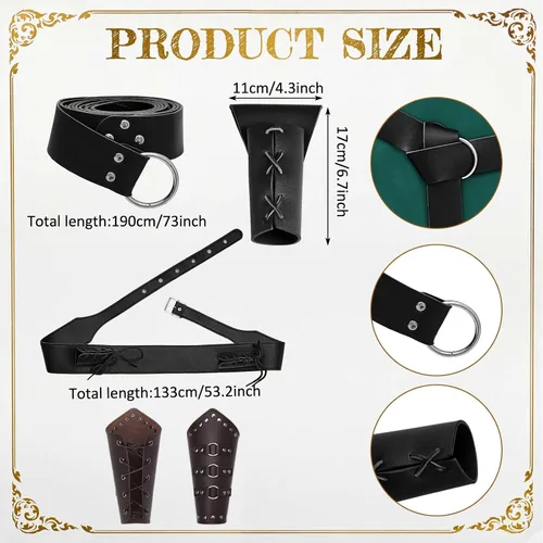Vista 2 de 6 piezas de Halloween para hombre, accesorios medievales para disfraz, túnica vikinga, camisa renacentista, caballero de cuero sintético, brazaletes