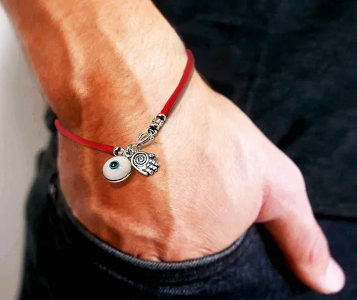 Vista 9 de Pulsera 3 en 1 con dije contra el mal de ojo para la suerte con dije plateado de protección de mano de Fátima en cuerda roja de la suerte, pulsera