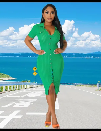Vista 4 de Vestido de manga corta de punto con cuello en V para mujer, sexy, elegante, cómodo