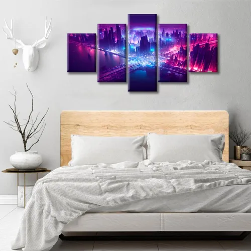 Vista 27 de Cuadros de 5 paneles de Cyberpunk City, arte de pared, representación de vallas publicitarias, edificios modernos en la capital con obras de arte
