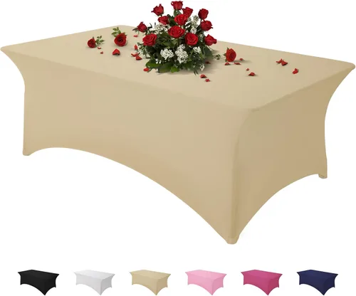 Vista 44 de Famstar Paño de Mesa Negro de 4 Pies de Elastano, Paño de Mesa Ajustado para Mesas Rectangulares, Fundas Elásticas Lavables Sin Arrugas