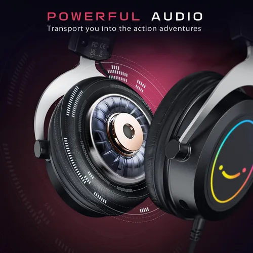Vista 7 de FIFINE Auriculares RGB para juegos, cómodos auriculares sobre la oreja con micrófono, conexión de conector de audio con cable, auriculares de cuero