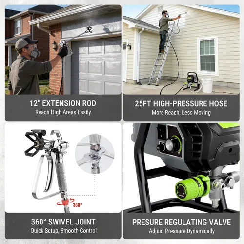Vista 7 de WORKPRO - Pulverizador de pintura sin aire de 700W, pulverizador de pintura eléctrico de alta eficiencia sin dilución de 2900 PSI con barra