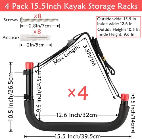 Vista 2 de Kayak Storage Racks, Wall Mount Garage Storage Hooks for Kayaks, SUP, Paddle Boards and Surfboards, Heavy Duty Hangers