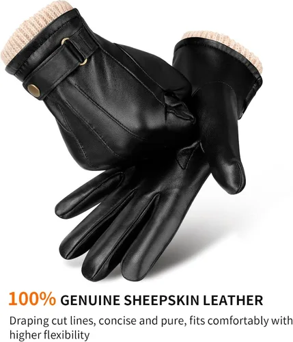 Vista 4 de OZERO Guantes de invierno para hombre, de piel de napa y cachemira, guantes de vestir para pantalla táctil, regalos térmicos para papá o marido