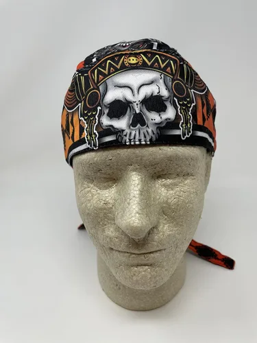 Vista 3 de Platinum Biker Doo Rag Durag Headwrap - Tocado de plumas de jefe indio nativo americano, color negro, naranja, amarillo, Multi
