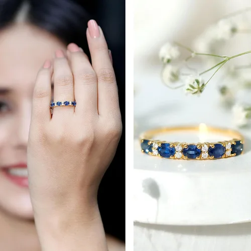 Vista 11 de Natural Blue Sapphire Diamond Wedding Band, AAA Quality, Blue Sapphire East West Ring For Women - Ideal For Gift