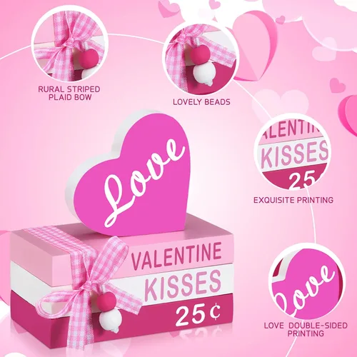Vista 5 de 4 piezas de madera para el día de San Valentín, mini libros de corazón de San Valentín, letreros de mesa, decoración de bandeja escalonada de San