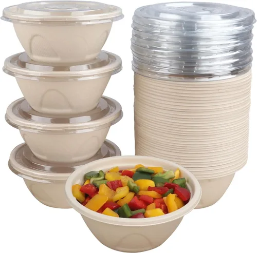 Vista 8 de Cuencos de ensalada desechables de 25 onzas con tapas, cuencos de papel de fibra de caña de azúcar, recipientes de comida para llevar, contenedor