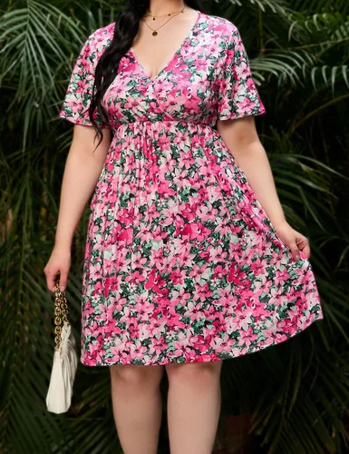 Vista 7 de ShopWonder Vestido de talla grande para mujer, con cuello en V, acampanado, largo hasta la rodilla, vestido de fiesta, minivestido de fiesta