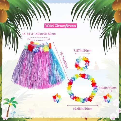 Vista 2 de Fortuning's JDS Conjunto de falda elástica hawaiana de hierba de bailarina hula con flores para niña