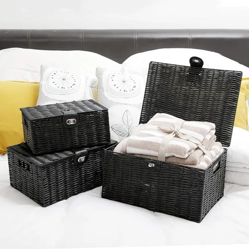 Vista 3 de Honygebia - Canastas de almacenamiento de mimbre negro - Juego de 3 cajas decorativas anidadas con tapas, canasta tejida con cerradura y asa