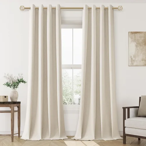 Vista 88 de Beige White Linen Blackout Curtains 90 Length 2 Panels Set for Living Room Bedroom, 100% Black Out Thermal Insulated Linen Drapes, Room Darkening