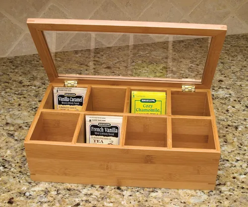 Vista 4 de Lipper International Caja de té de madera de bambú con tapa transparente, 8 compartimentos, 12-1/2" x 7-1/2" x 3-5/8