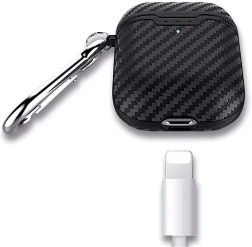 Vista 4 de Compatible con auriculares Airpods 1 y 2, fibra de carbono fresco grano militar anti-caída flexible TPU protector antidedos con llavero negro
