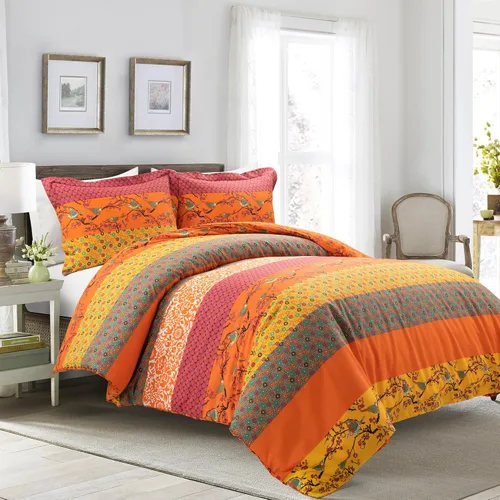 Vista 13 de Lush Decor Royal Empire - Juego de edredón reversible de algodón, juego de ropa de cama de 3 piezas a rayas, patrones bohemios llamativos