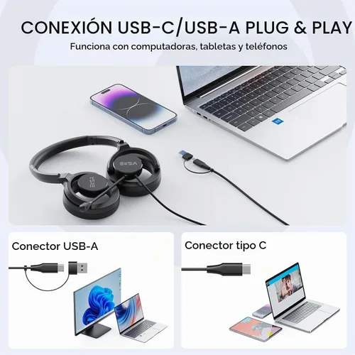 Vista 4 de EKSA H27 Auriculares USB para computadora con micrófono para trabajo, auriculares de PC con micrófono de cancelación de ruido, auriculares con cable