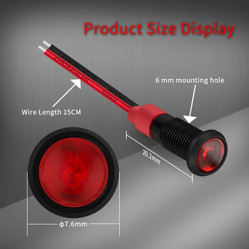 Vista 3 de DaierTek Luz Indicadora LED de 1/4" 12 Voltios 6mm 12V Lámpara Piloto Roja IP67 Impermeable Material de Aluminio Metal Bisel Negro Marino con Cables