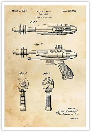 Vista 14 de Póster retro de juguete con pistola láser de Estados Unidos, arte de pared, arte de pared de ciencia ficción futurista, impresión de pistola