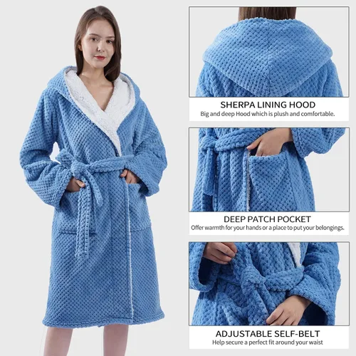 Vista 3 de Albornoz para mujer franela de panal con capucha para mujer ropa de dormir ligera y suave