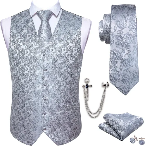 Vista 3 de Barry.Wang Chaleco formal de los hombres Paisley Jacquard seda corbata traje chaleco conjunto boda 5PCS