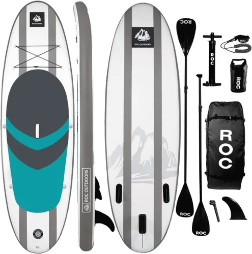 Vista 9 de Roc Tabla de remo inflable con accesorios y mochila de alta calidad, cubierta antideslizante, bolsa impermeable, correa, remo y bomba de mano.