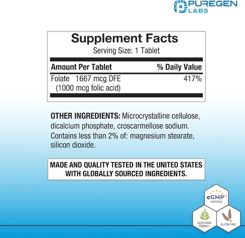 Vista 2 de Puregen Labs - Tabletas de ácido fólico de 1000 mcg Vitamina B9 Sin OMG Sin gluten Tamaño de valor de 1000 comprimidos