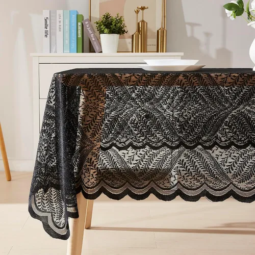 Vista 7 de Warm Home Designs Mantel de encaje negro. Mantel redondo pequeño de 36 pulgadas de diámetro. Mantel floral, superposición rústica o mantel bohemio