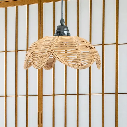Vista 4 de Pantalla de lámpara de techo de ratán tejida con forma de flor, lámpara de araña tejida con forma de flor, iluminación tejida, lámpara de techo