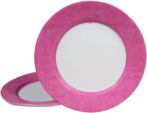 Vista 3 de Caspari Platos llanos de papel con borde de lino en fucsia, paquete de 8